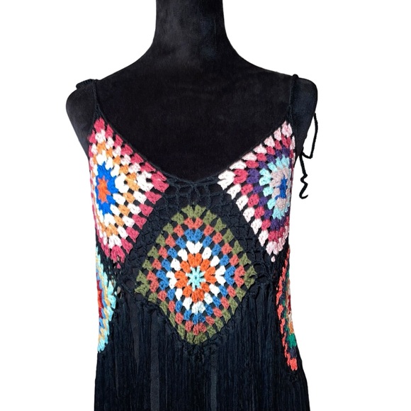 Women’s Boho Granny Square Bathing Suit Cover Up Multi Color Long Fringe NWOT - Picture 3 of 6